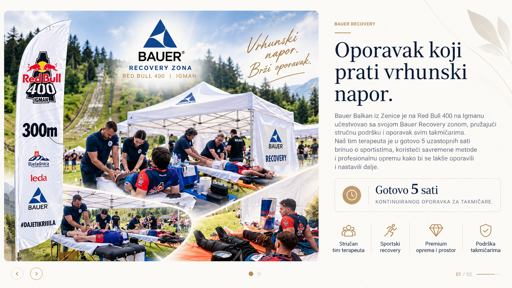منطقة ⁦BAUER Recovery⁩ في سباق ⁦Red Bull 400⁩ على جبل إيغمان — التكوين الترويجي المقدم، مع المعالجين والمتسابقين وعلم الفعالية